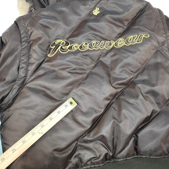 Vintage Y2k Rocawear Jacket Womens XL Down Filled Fur Trim Brown Bomber Brown - Picture 11 of 14